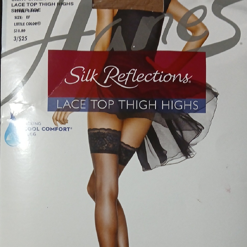 Hanes Silk Reflections Sheer Black Lace Thigh Highs